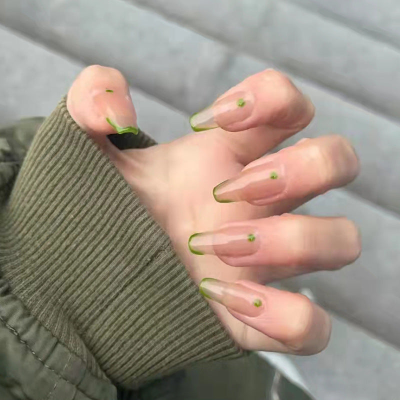 Urban Olive Long Length Coffin Translucent Press-on Nail Set with Green Tips and Accent Dot