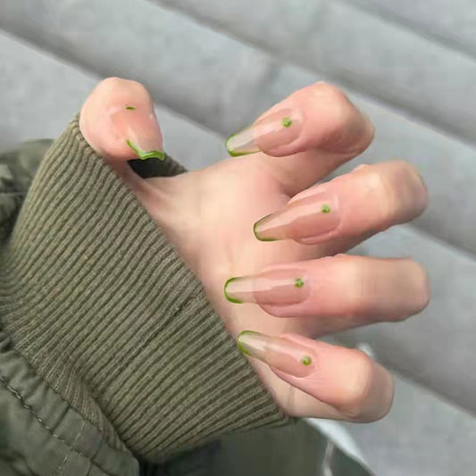 Urban Olive Long Length Coffin Translucent Press-on Nail Set with Green Tips and Accent Dot