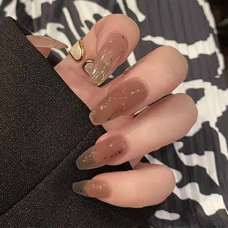 Gilded Mocha Long Coffin Brown Press-on Nail Set with Gold Fleck Accents