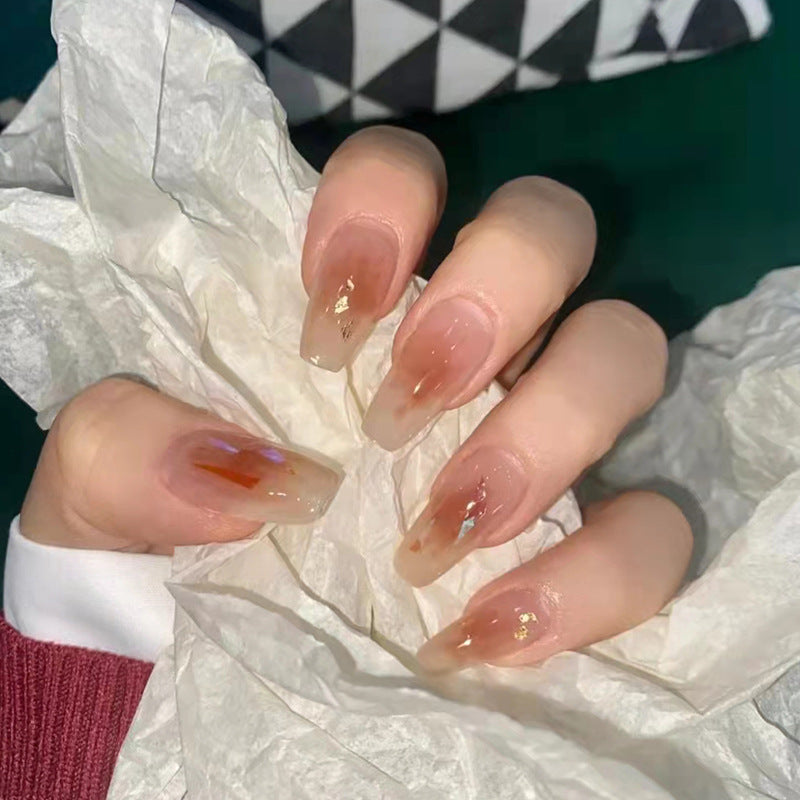 Autumn Whisper Long Coffin Beige Press-on Nail Set with Amber Accents and Gold Flakes