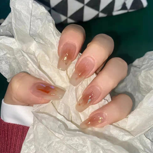 Autumn Whisper Long Coffin Beige Press-on Nail Set with Amber Accents and Gold Flakes