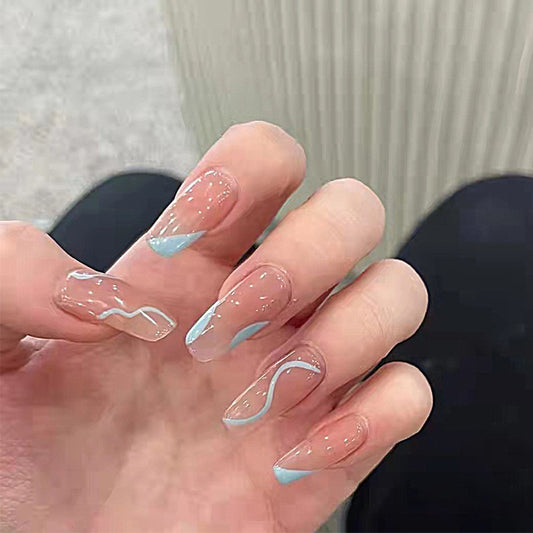 Serene Wave Long Coffin Beige Press-on Nail Set with Sky Blue French Tips and Wavy Accents
