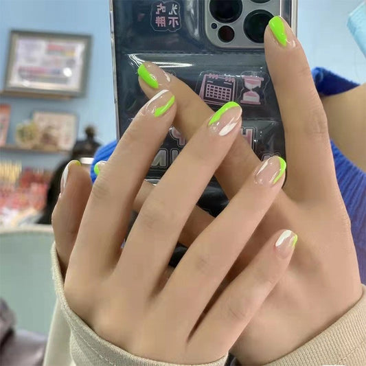 Electric Lime Medium-Length Coffin Clear Press-on Nail Set with Neon Green French Tips