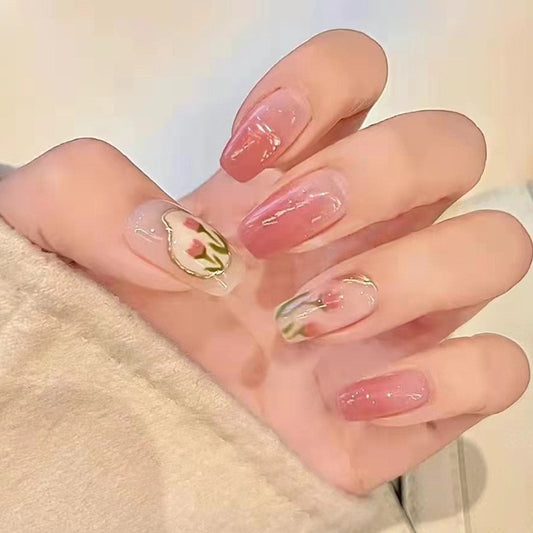 Botanical Bliss Medium Coffin Clear Press-on Nail Set with Peach Tones and Gold Foil Leaf Accents