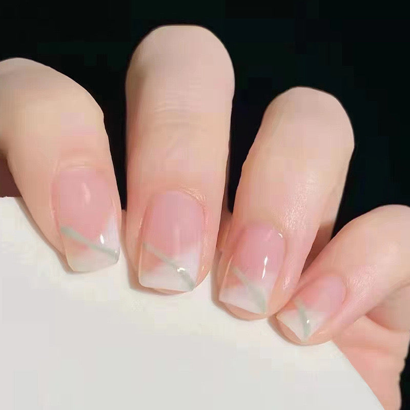 Sleek Geometric Elegance Medium Square Press On Nails in Soft Pink with Minimalist White Detailing
