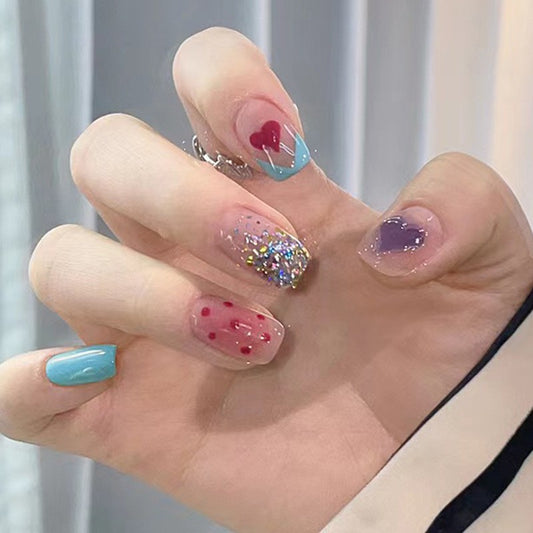 Candy Hearts Medium Square Press-on Nail Set with Glitter Accents and Multi-Colored French Tips