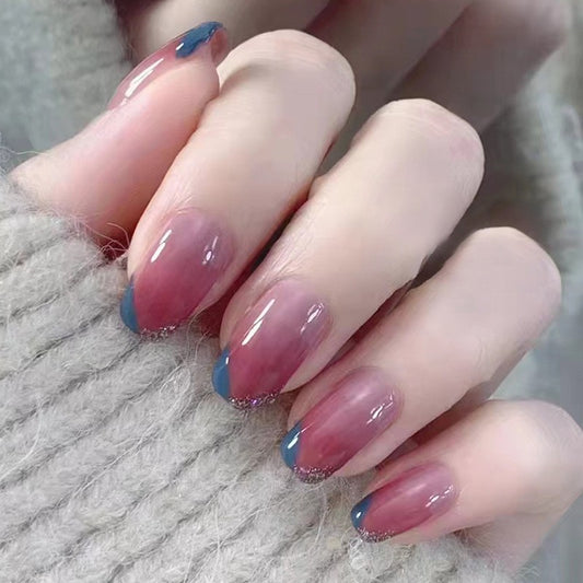 Sophisticated Gradient Long Oval Dual Tone Press-on Nail Set with Glitter Accents