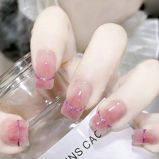 Elegant Glamour Long Square Pink Press-on Nails with Glitter Accents