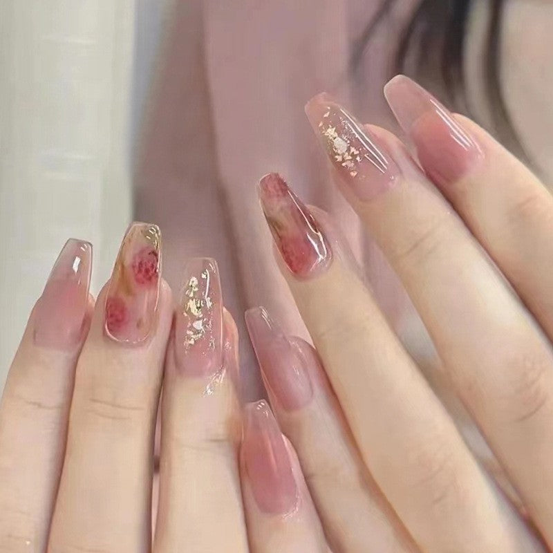 Chic Natural Long Coffin Beige Press-on Nails with Gold Flakes