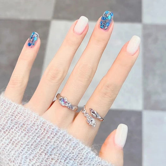 Elegant Medium Square Neutral Tones Press-On Nails with Iridescent Blue Accents