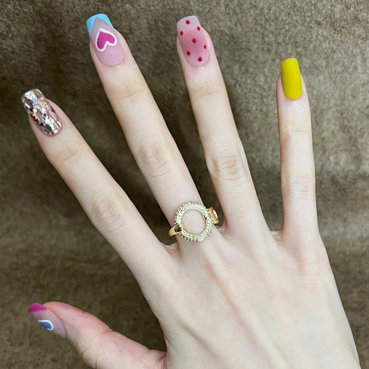 Playful Medium Square Multicolor Press-On Nails with Polka Dots and Glitter Accents