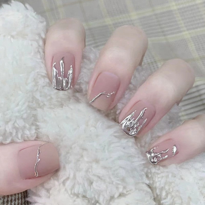 Chic Modern Medium Square Press-On Nails in Soft Pink with Metallic Silver Accents