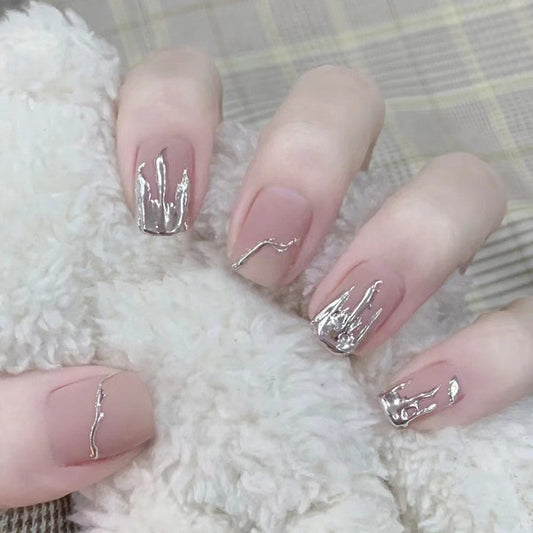 Chic Modern Medium Square Press-On Nails in Soft Pink with Metallic Silver Accents