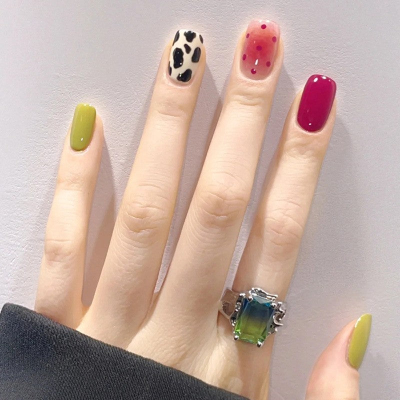 Safari Adventure Medium Square Green Black Leopard Pink Polka Dots Deep Red Press On Nail Set