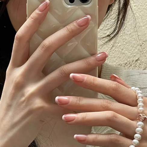 Elegant Bridal Medium Length Square Soft Pink Ombre French Tip Press On Nail Set