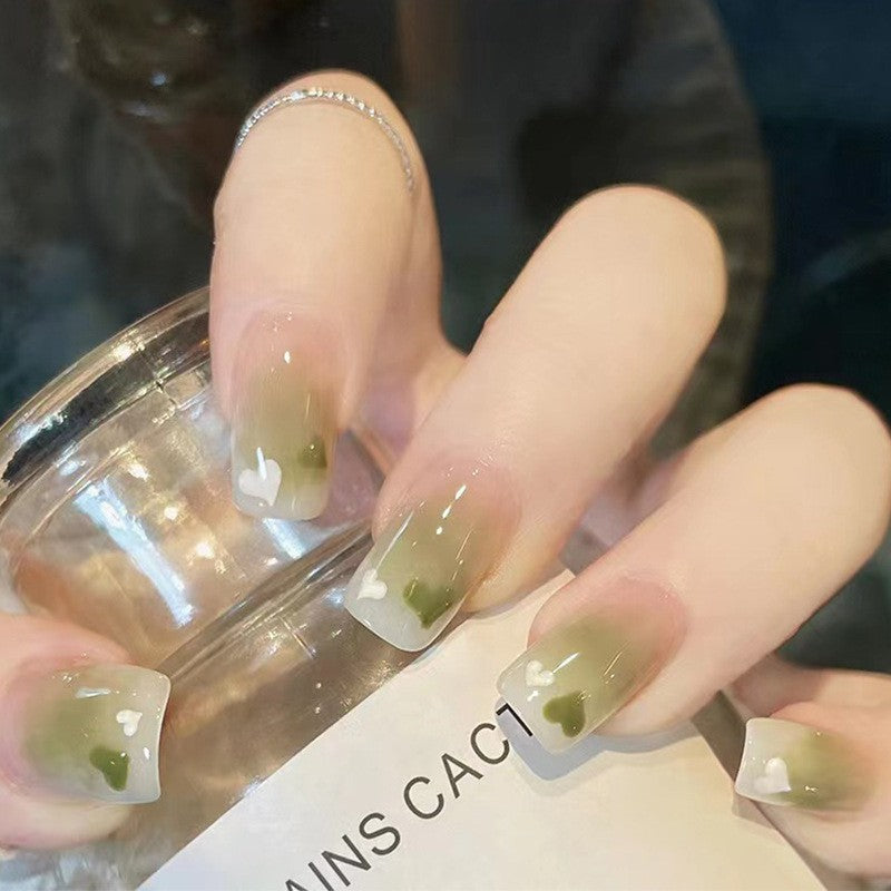 Nature Whisper Medium Square Olive Green to Clear Gradient with White Heart Accent Press On Nail Set