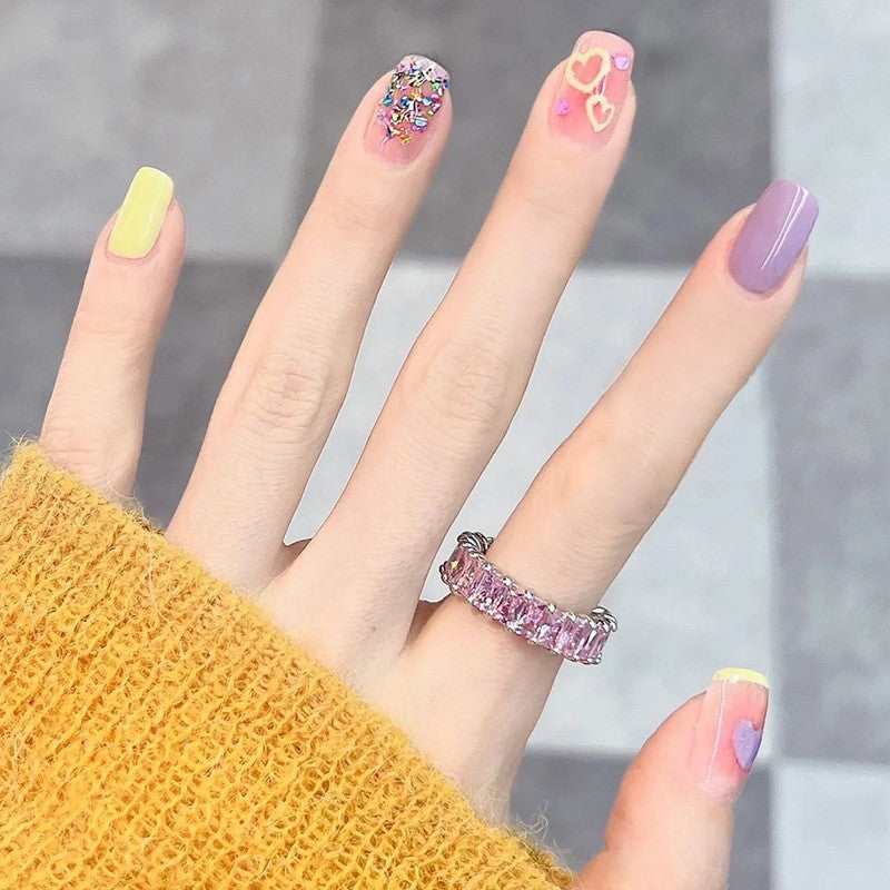 Spring Fling Short Squoval Pastel Yellow Pink Purple with Glitter and Heart Accents Press On Nail Set
