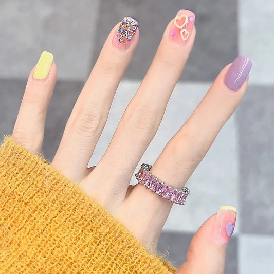 Spring Fling Short Squoval Pastel Yellow Pink Purple with Glitter and Heart Accents Press On Nail Set