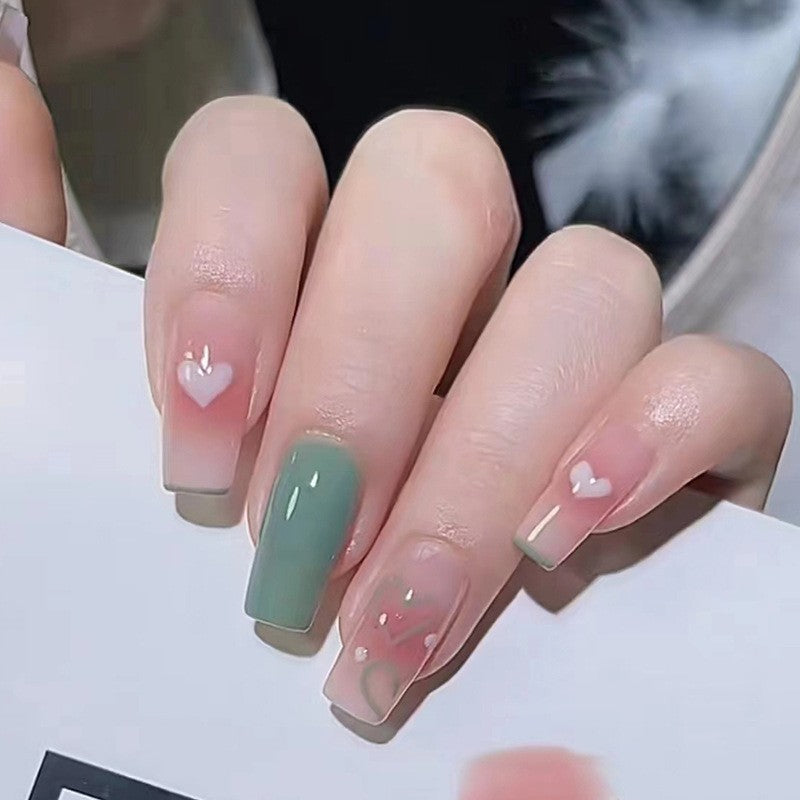 Whimsical Love Medium Coffin Olive Green to Beige Ombre with White Heart Detail Press On Nail Set
