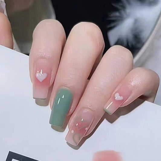 Whimsical Love Medium Coffin Olive Green to Beige Ombre with White Heart Detail Press On Nail Set