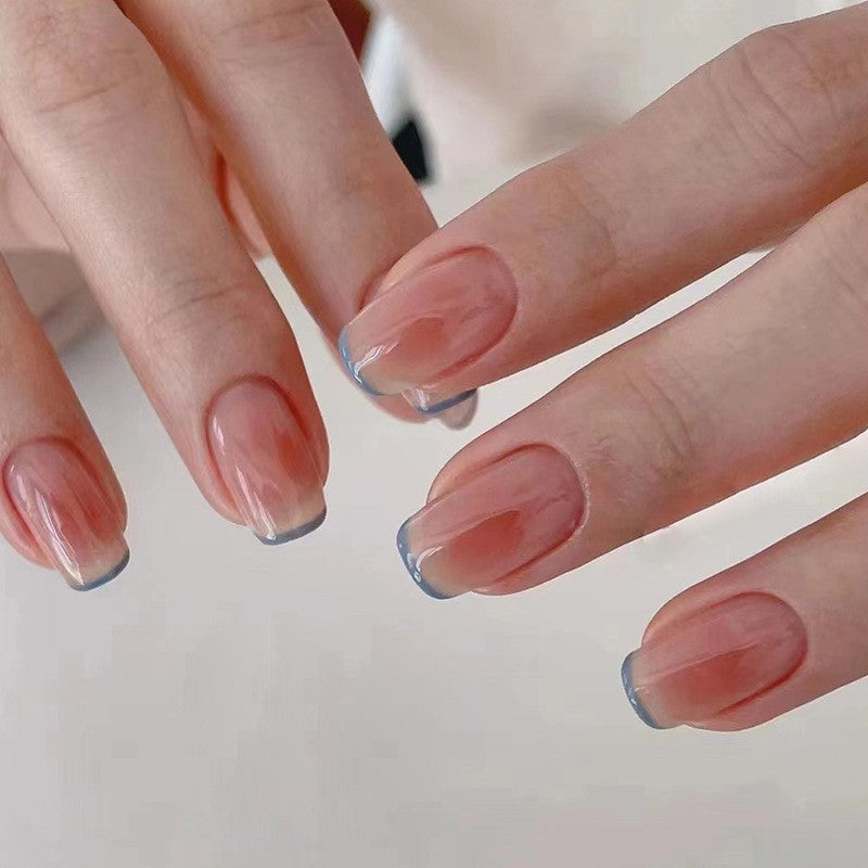 Minimalist Elegance Medium Length Square Beige with Blue French Tip Press On Nail Set