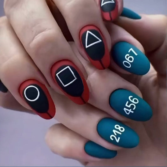 Digital Age Medium Oval Teal And Red With Geometric Shapes Press On Nail Set