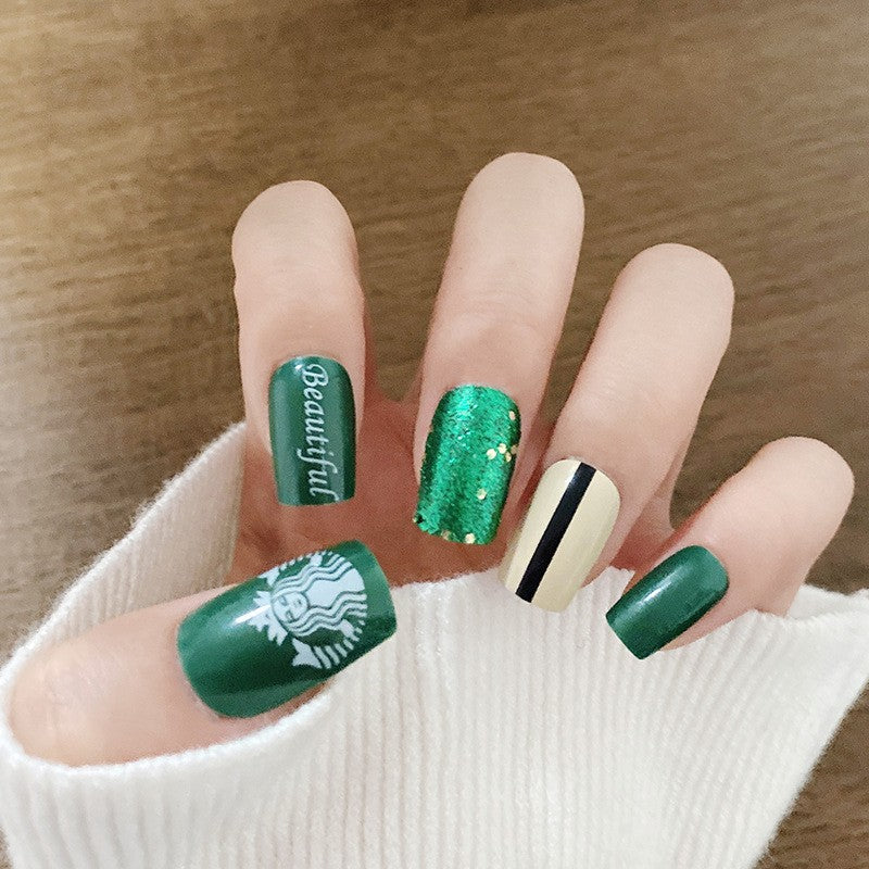Coffee Break Medium Square Emerald Green With Glitter Accents And Striped Accent Press On Nail Set