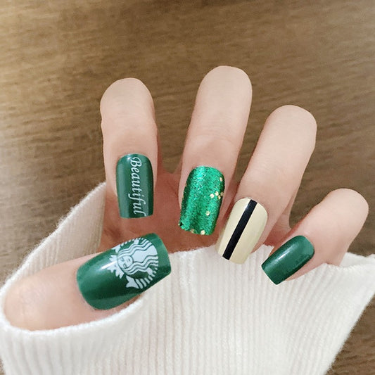 Coffee Break Medium Square Emerald Green With Glitter Accents And Striped Accent Press On Nail Set