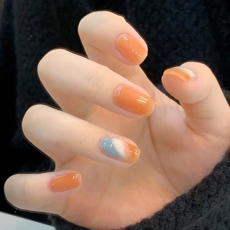 Autumn Spice Short Square Peach with Blue and White French Tip Accent Press On Nail Set
