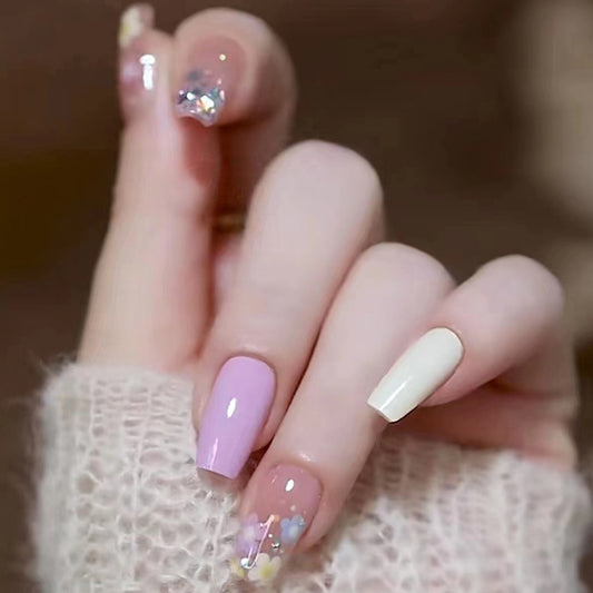 Lavender Charm Medium Square Lilac and Cream with Crystal Accents Press On Nail Set