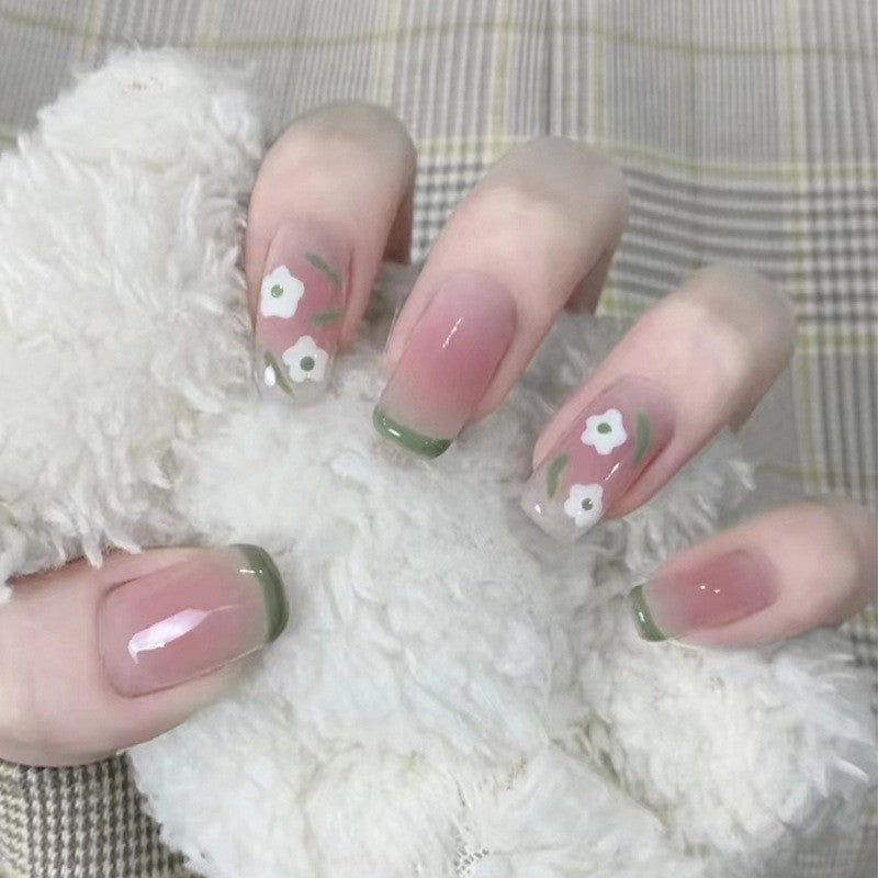 Spring Blossom Medium Square Beige with Olive Green Tips and White Floral Accents Press On Nail Set