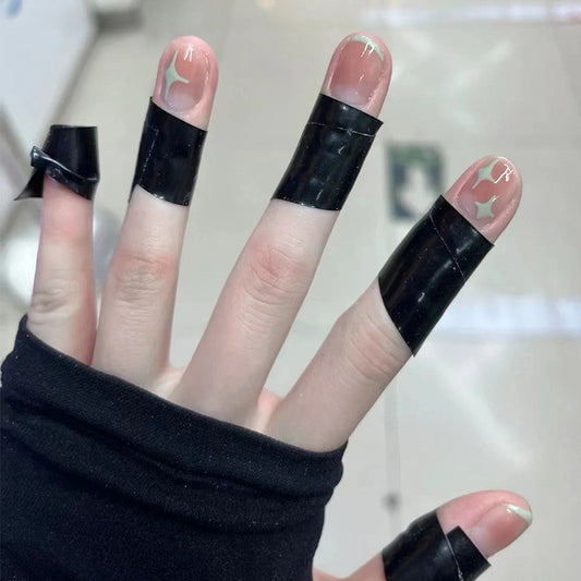 Gothic Glamour Short Round Black Marble with Beige Base and Silver Accents Press On Nail Set