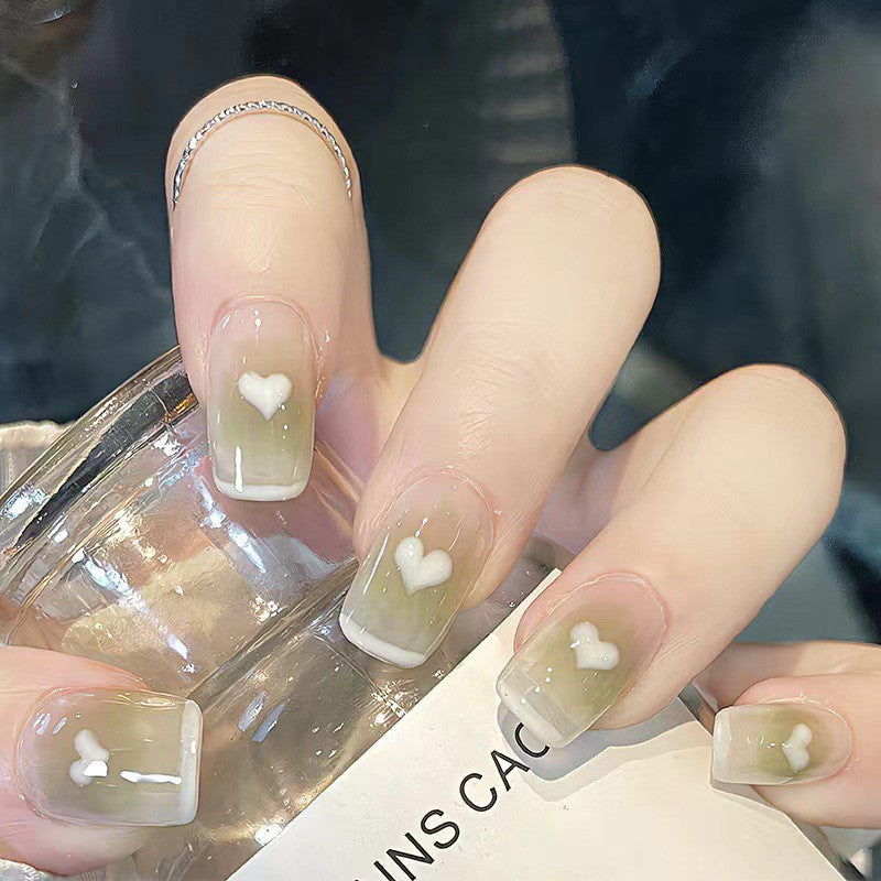 Sweetheart Translucent Medium Square Olive to Clear Ombre with White Heart Accents Press On Nail Set