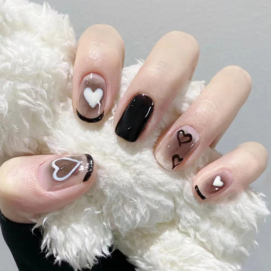 Chic Romance Medium Square Espresso Brown with Love Heart Accents Press On Nail Set