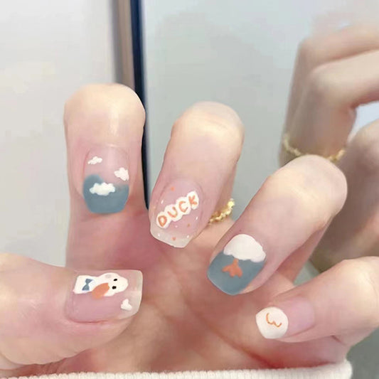 Playful Skies Short Square Sky Blue and Cloudy White with Duck Accents Press On Nail Set