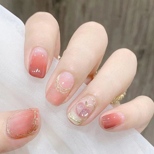 Golden Blush Short Squoval Beige Pink with Gold Foil Accents Press On Nail Set