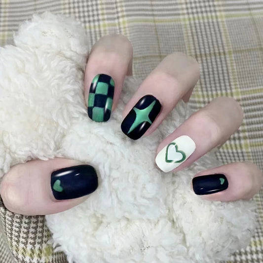 Emerald Enigma Medium Square Deep Navy and Plaid with Heart Accent Press On Nail Set