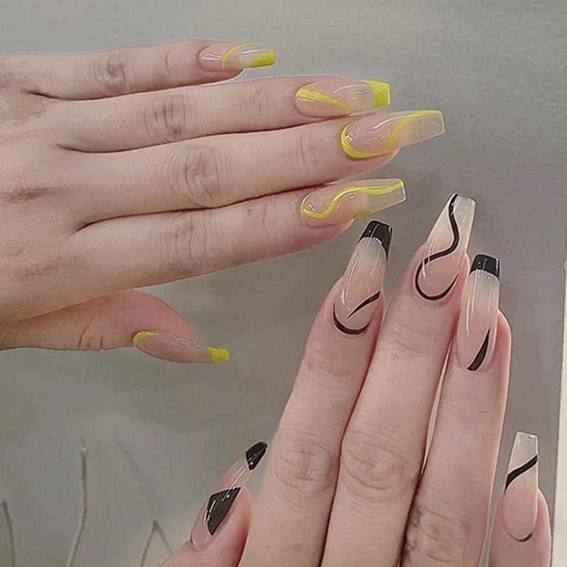 Abstract Artistry Extra Long Coffin Beige and Yellow with Black Swirl Accents Press On Nail Set