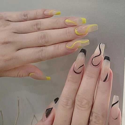 Abstract Artistry Extra Long Coffin Beige and Yellow with Black Swirl Accents Press On Nail Set