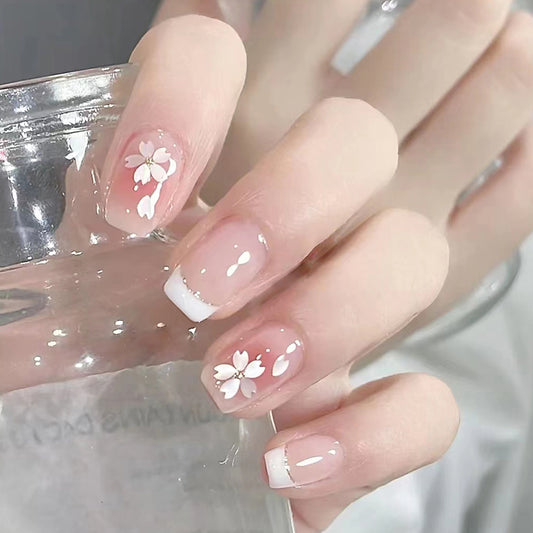 Sakura Blossom Medium Square Beige Pink with White Floral Tips Press On Nail Set