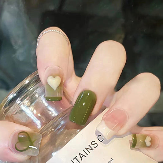 Serene Olive Oasis Long Square Olive Green and Clear Press On Nails with Embedded Hearts
