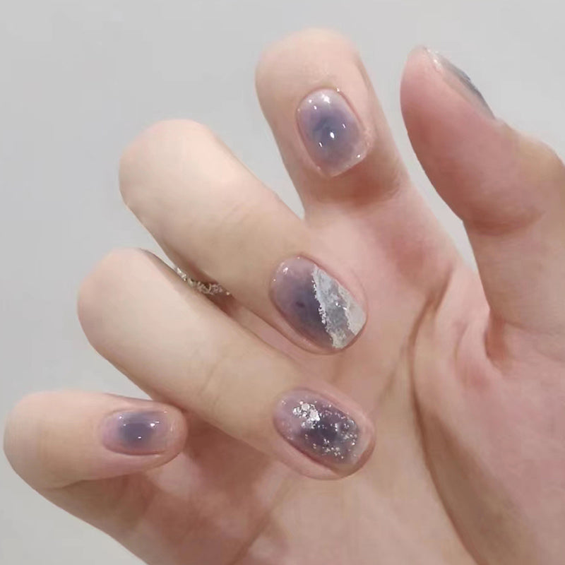 Mystical Twilight Short Squoval Lavender Press On Nails with Silver Glitter Gradient Feature