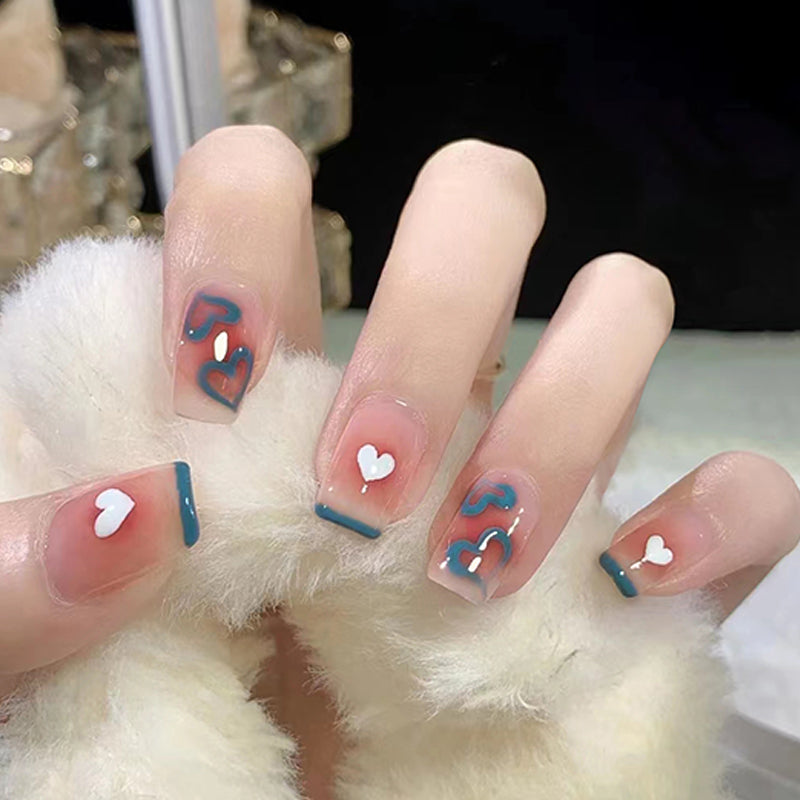 Romantic Whispers Short Square Translucent Press On Nails with Blue Edges and Heart Accents