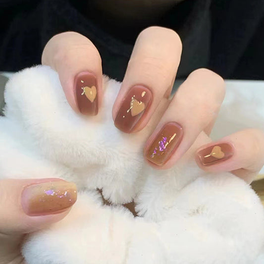 Chic Romance Medium Square Maroon Press On Nails with Gold Heart Accents and Glitter Detail