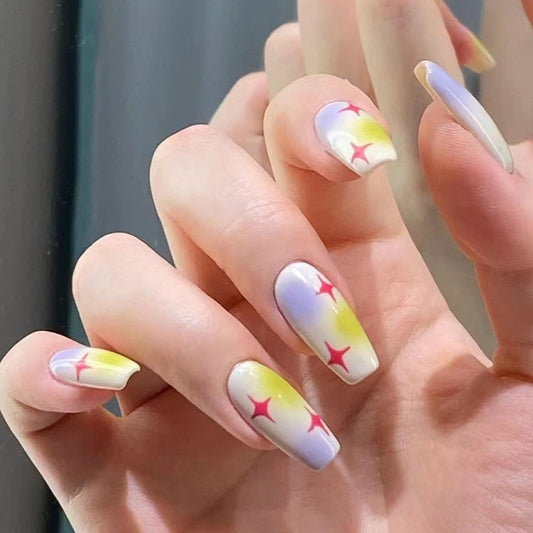 Sunset Dreams Long Coffin Gradient Press On Nails with Starburst Design