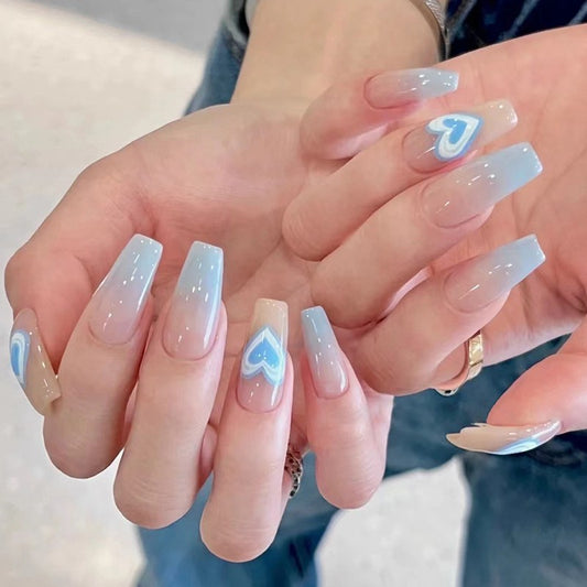 Icy Elegance Long Coffin Translucent Press On Nails with Blue Accents and Sparkle Detail