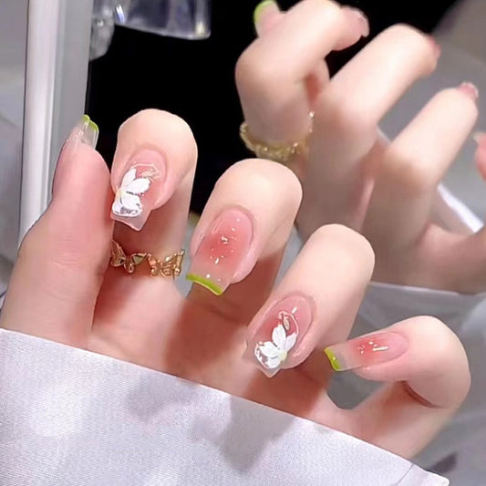 Spring Blossom Long Square Press On Nails in Gradient Pink with Floral Accents and Glitter Highlights
