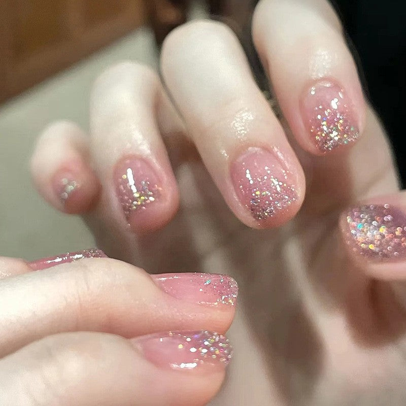 Glittering Gala Short Square Press On Nails with Pink Holographic Glitter and Natural Sheer Finish