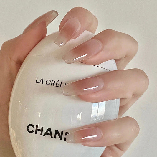 Modern Sheer Long Coffin Beige Press-On Nails with High-Gloss Finish