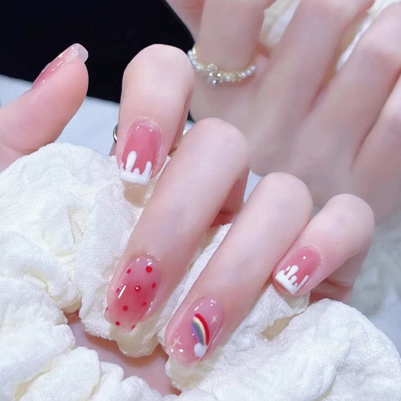 Valentines Day Romance Medium Square Pink Press On Nails with Heart Accents and Playful Patterns